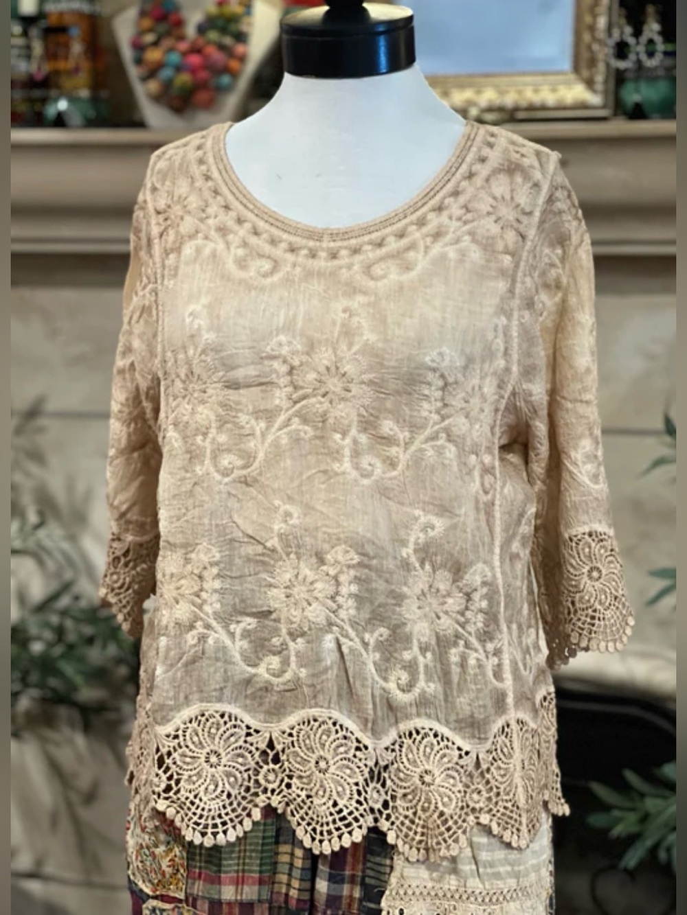 New ADORA Lace-Hem Floral Embroidered Long Sleeve Top ~ Brushed Tan
